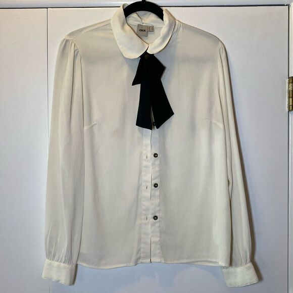 ASOS Long Sleeve Necktie Blouse Cream Black Women’s Size 10 - Picture 1 of 7